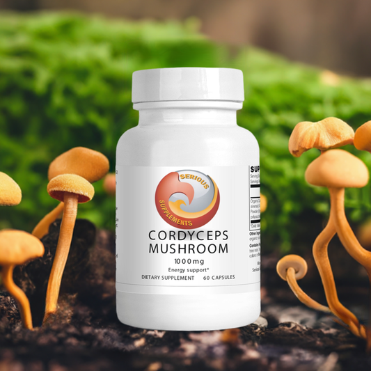 Bottle of Cordyceps Mushroom Capsules on Forest Floor With Mushrooms Surrounding the Bottle